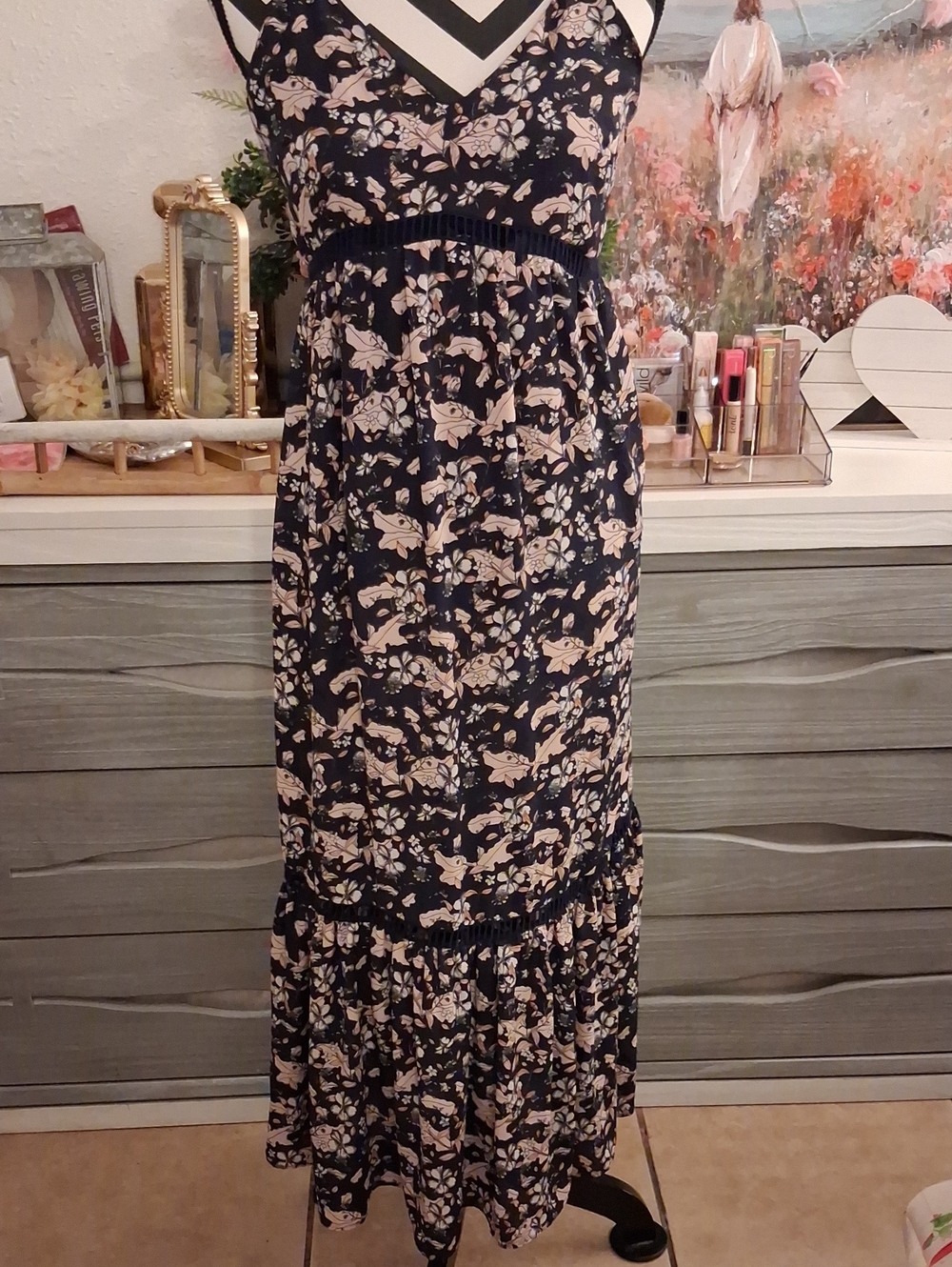 CeCe Navy Maxi Dress with Blush Floral Print